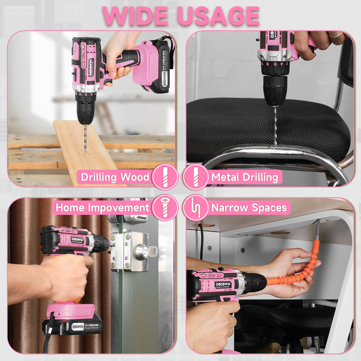 DODOWIN Pink Cordless Drill Kit with 2 Batteries and Carrying Case