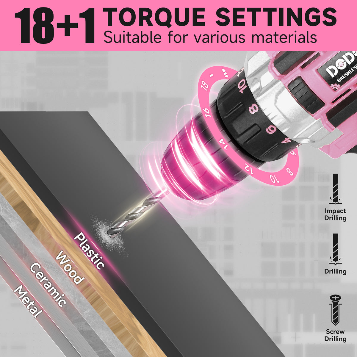 DODOWIN Pink Cordless Drill Kit with 2 Batteries and Carrying Case