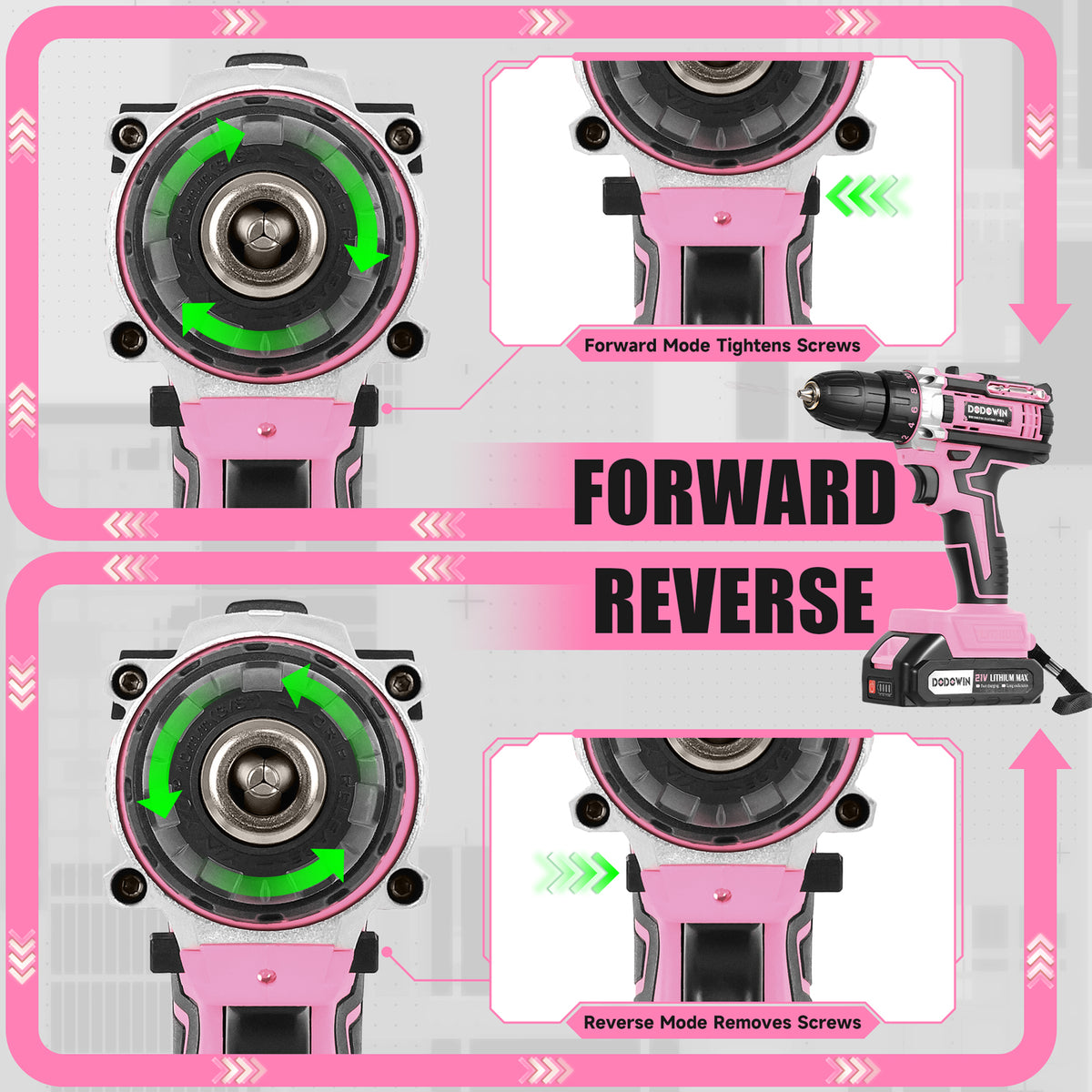 DODOWIN Pink Cordless Drill Kit with 2 Batteries and Carrying Case