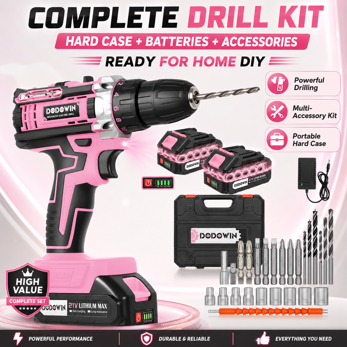 DODOWIN Pink Cordless Drill Kit with 2 Batteries and Carrying Case
