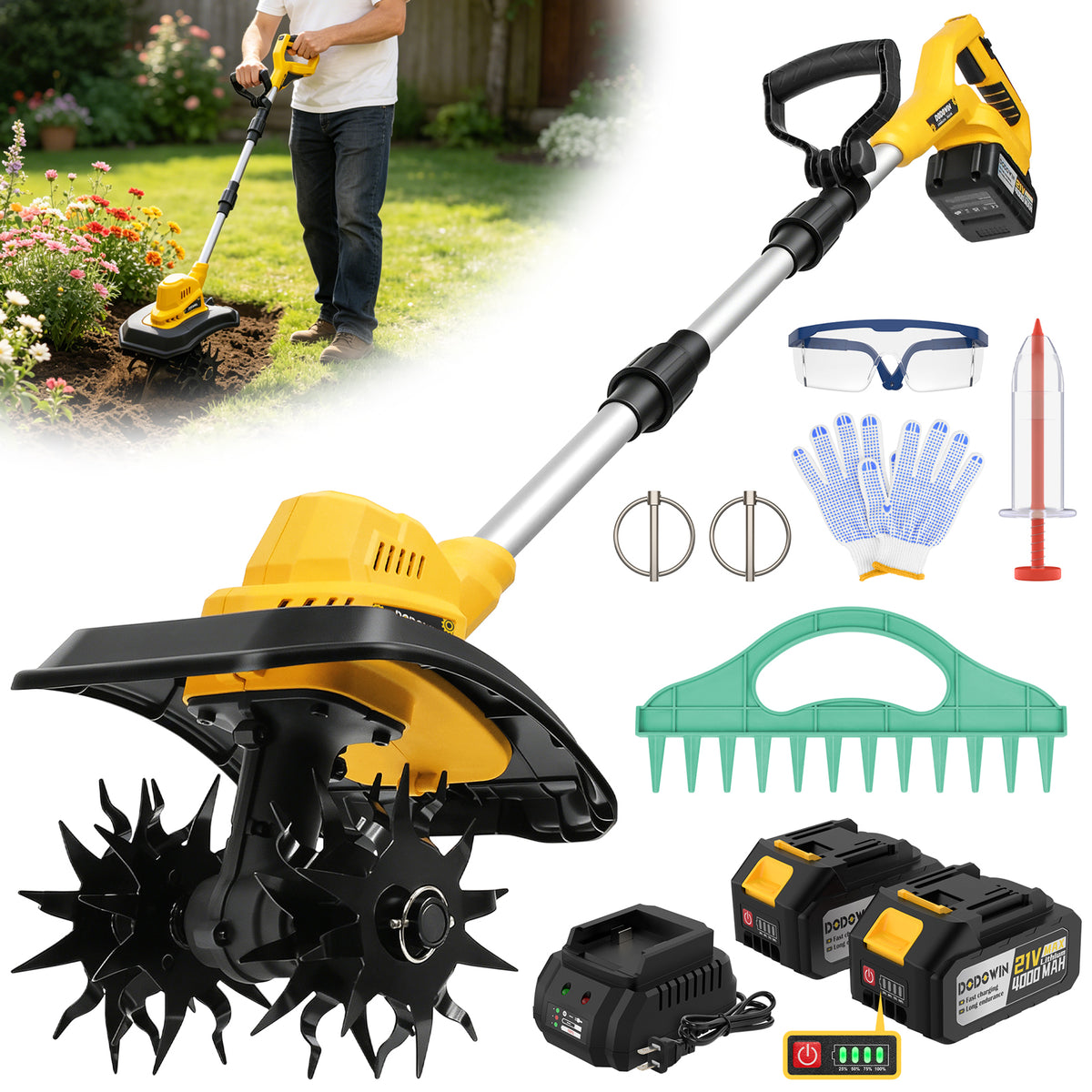 DODOWIN Long-Handle Cordless Garden Cultivator with 2 Batteries