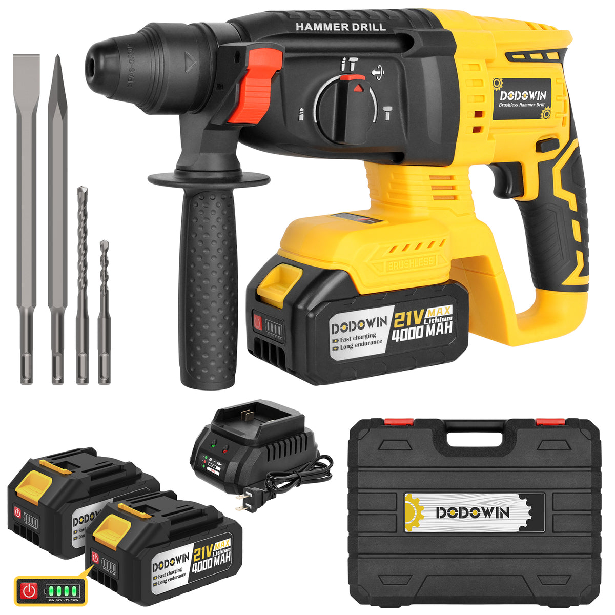 DODOWIN Cordless SDS-Plus Rotary Hammer Kit with Carrying Case