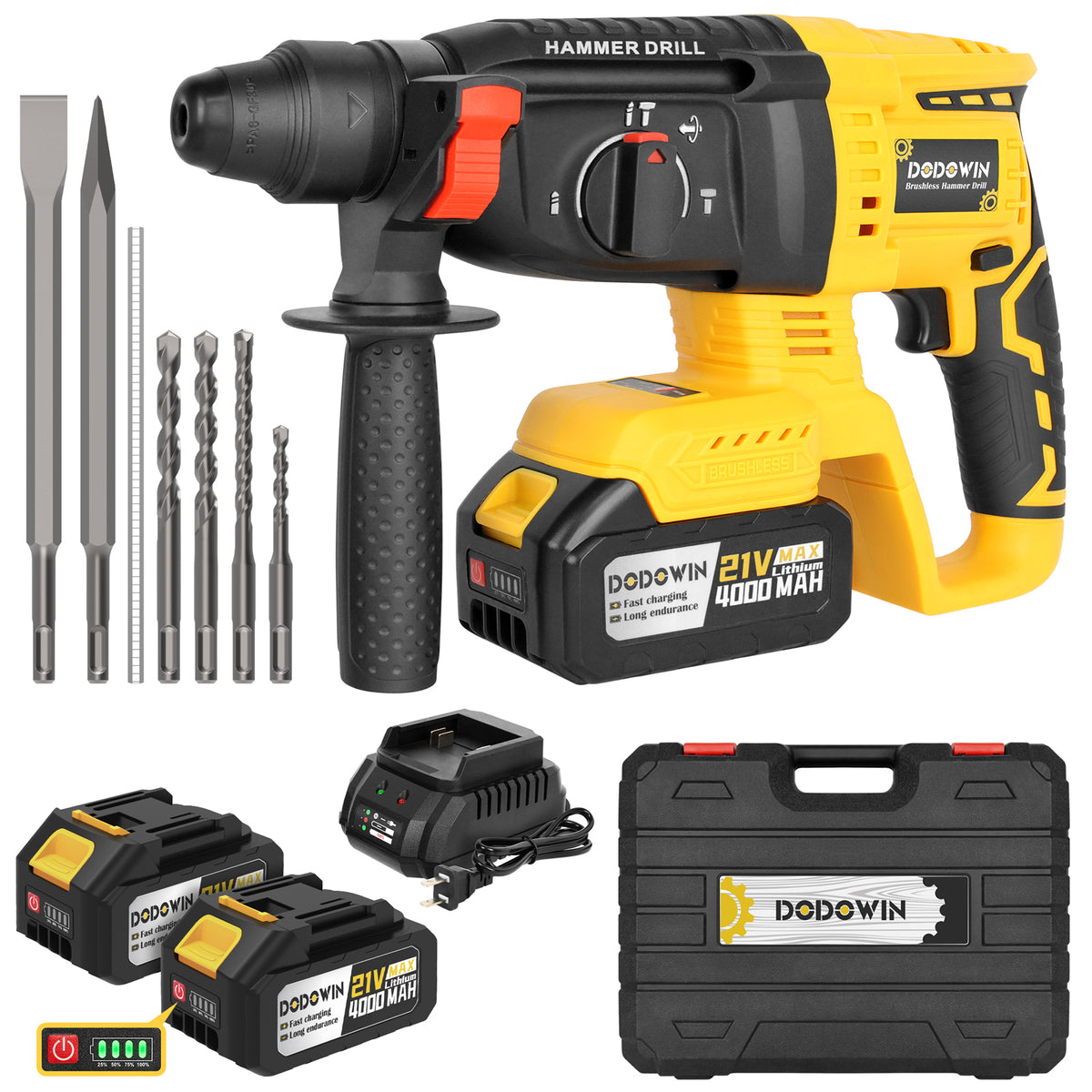 DODOWIN Cordless SDS-Plus Rotary Hammer Kit with Carrying Case