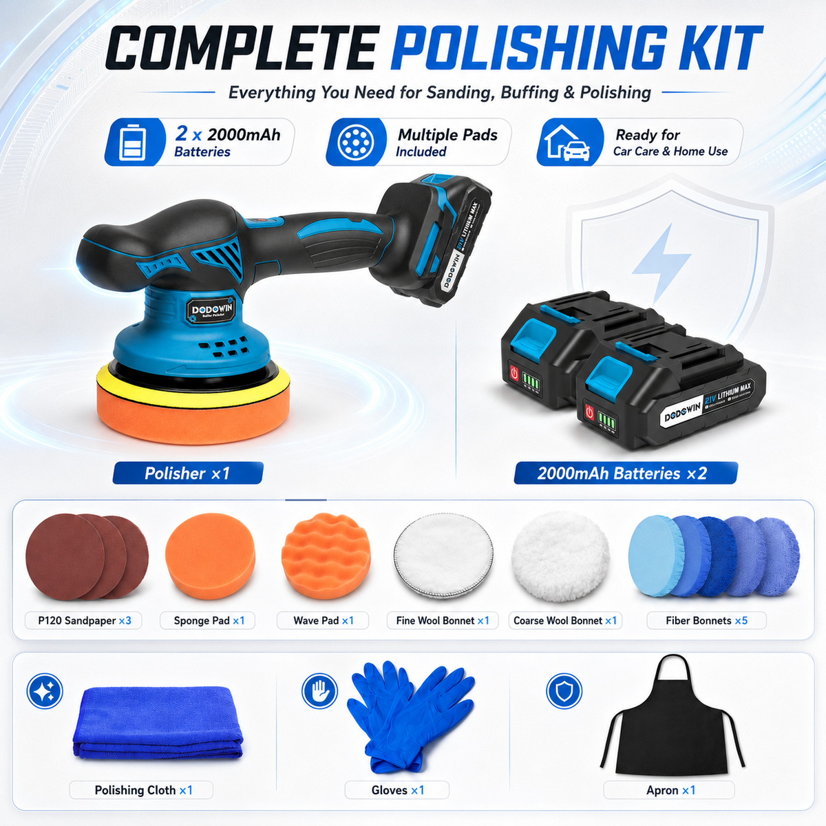 DODOWIN Cordless Car Polisher with 8-Speed Control