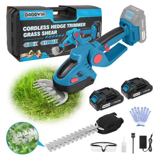 DODOWIN Hedge Trimmer Cordless, 2 in 1 21V Handheld Electric Weed Shears and Bush Trimmer, with 2 Rechargeable Batteries 1 Charger, Garden Tools for Men, Dad, Husband Stocking Stuffers