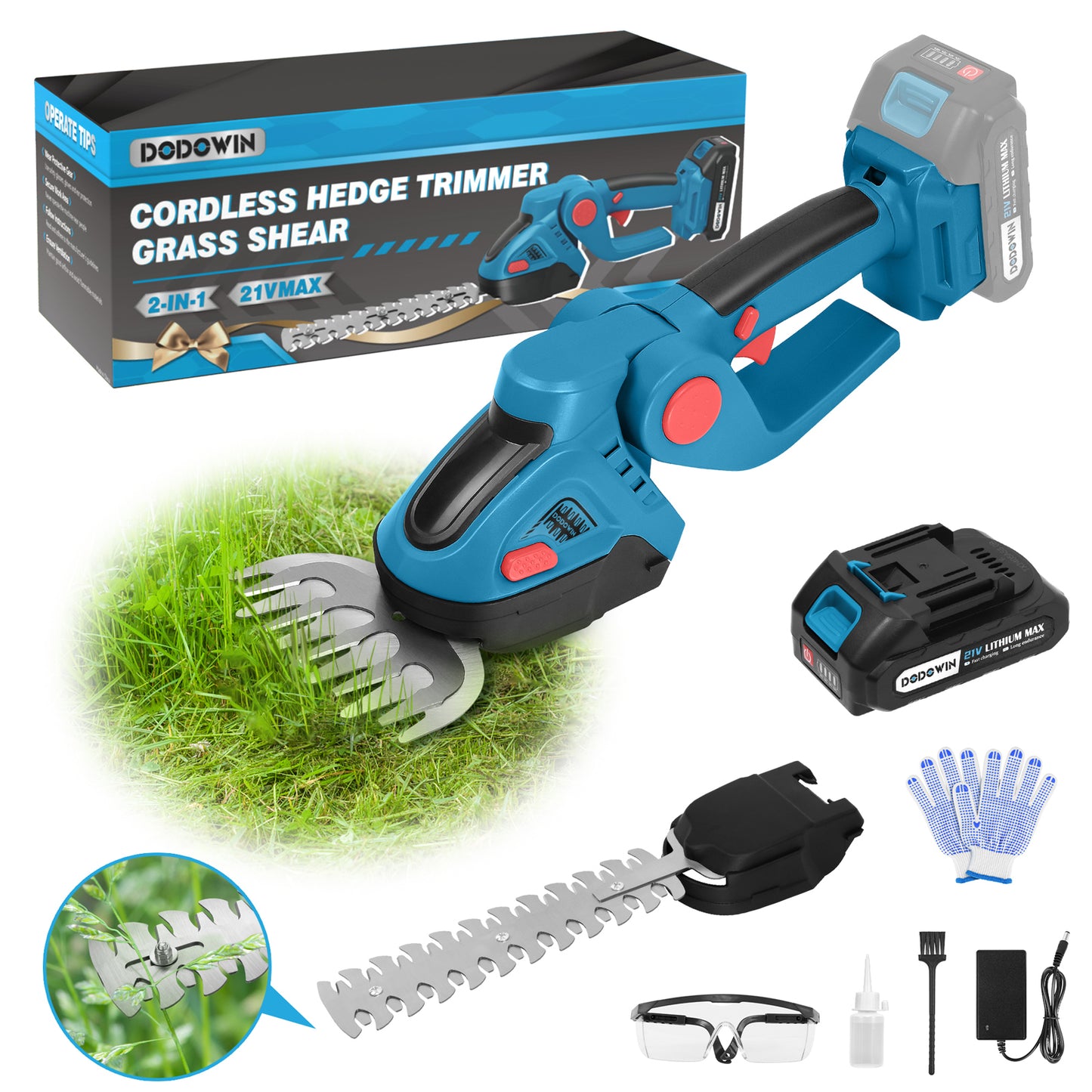 DODOWIN Hedge Trimmer Cordless, 2 in 1 21V Handheld Electric Weed Shears and Bush Trimmer, with 2 Rechargeable Batteries 1 Charger, Garden Tools for Men, Dad, Husband Stocking Stuffers