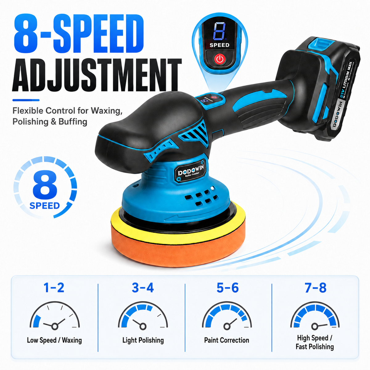 DODOWIN Cordless Car Polisher with 8-Speed Control