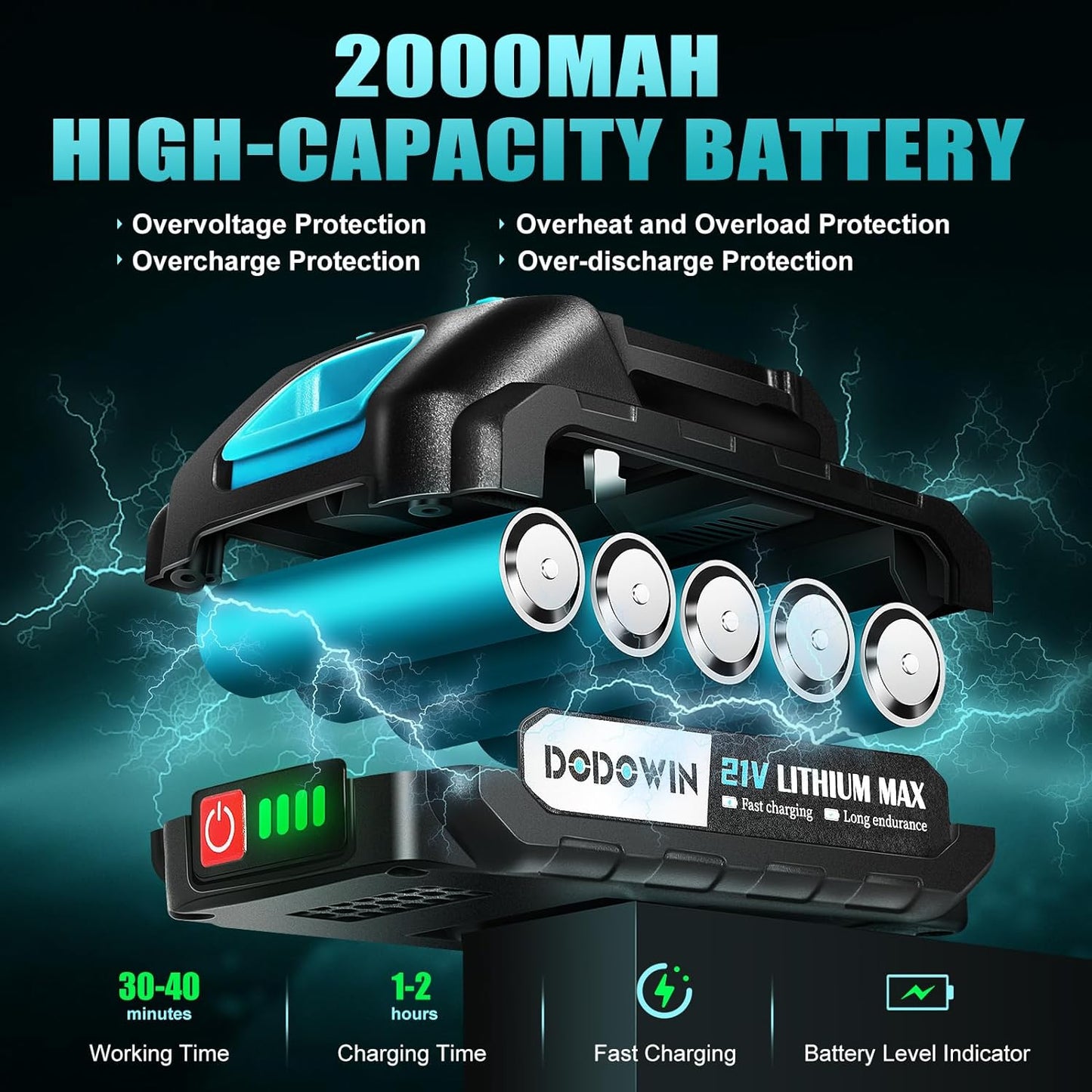 Power Tools Accessories 2000mah Battery,Suitable for DODOWIN Mini Chainsaw 6inch,Great for Wood Cutting,Garden Pruning